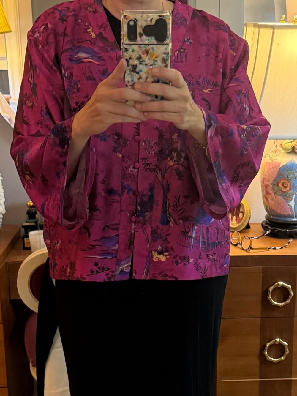 Zara Fuschia Asian Print Satin Short Kimono Jacket size Large